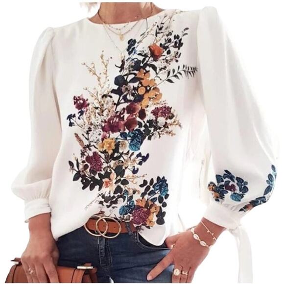 BBWM Woman | NWT |‎ Large | Floral Blouse Balloon Sleeve Open Back boho feminine - Picture 1 of 10
